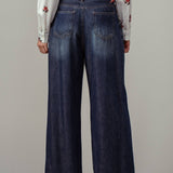 Pleated Wide-Leg Denim Pants