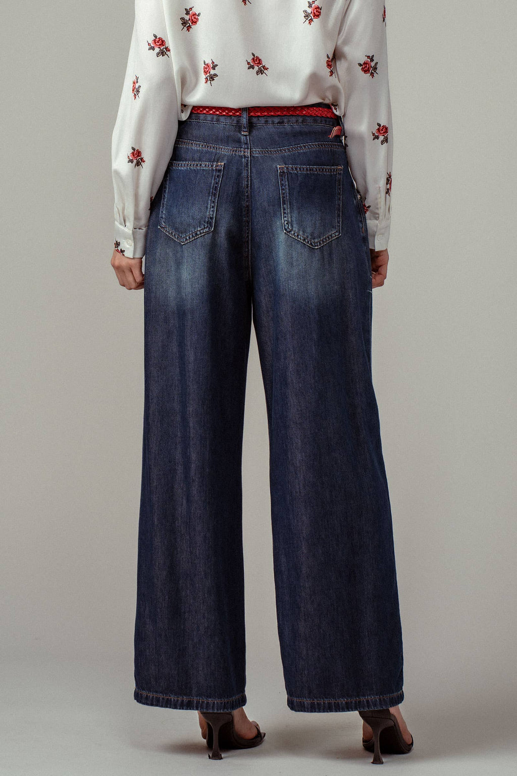 Pleated Wide-Leg Denim Pants