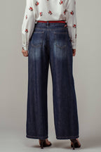 Pleated Wide-Leg Denim Pants