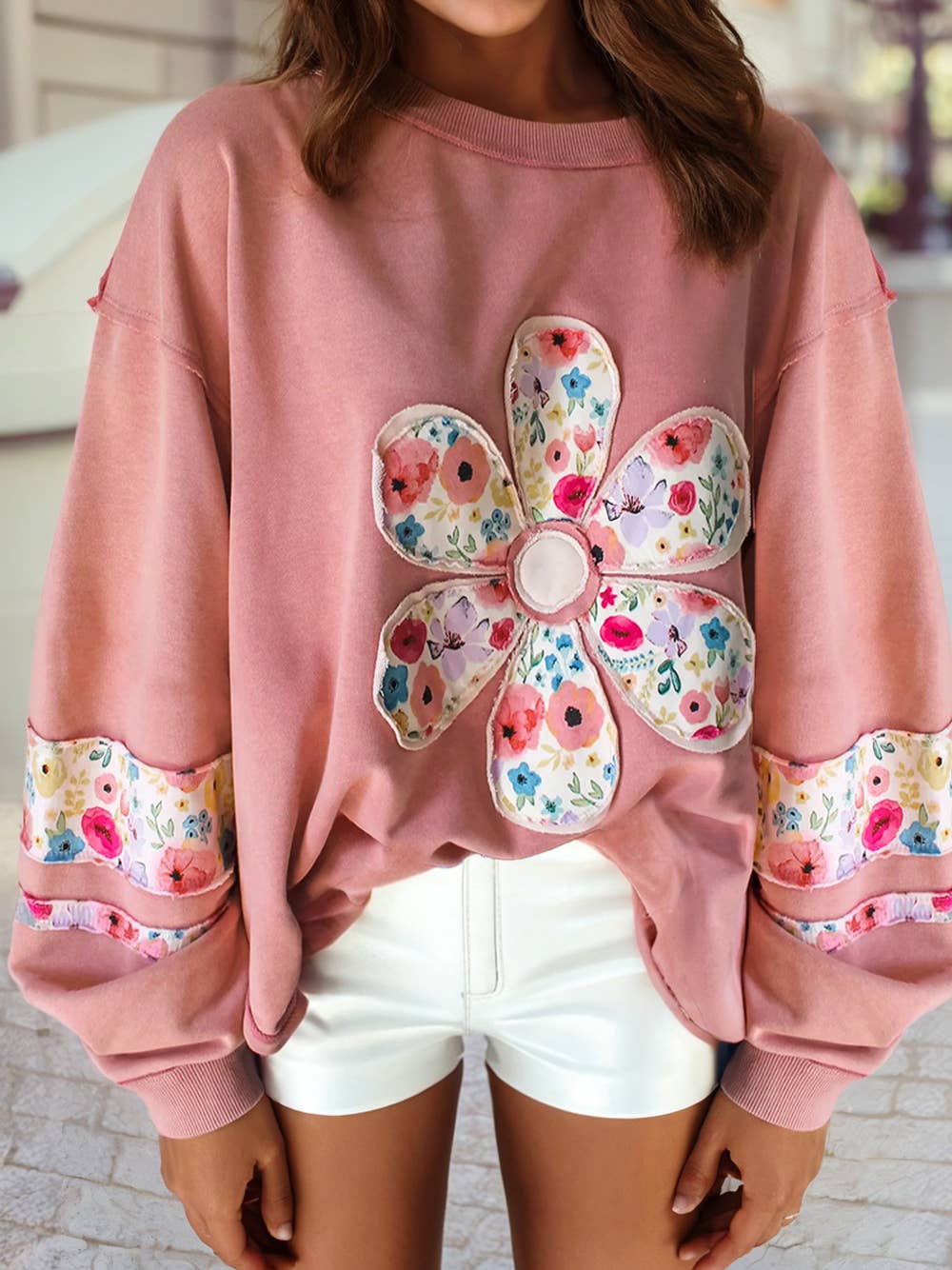 Flower Applique Patchwork Sweatshirt