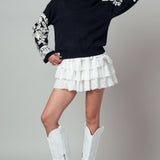 Embroidered Sleeve Ivory Knit Sweater