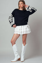Embroidered Sleeve Ivory Knit Sweater