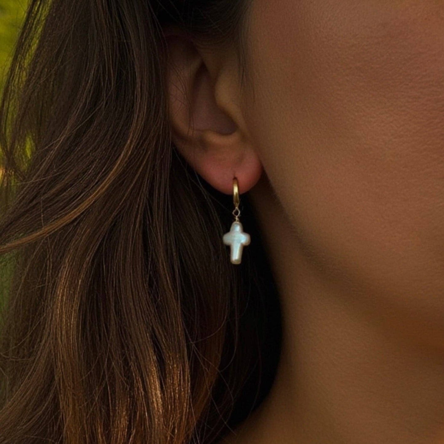 Pearl Cross Charm Hoops