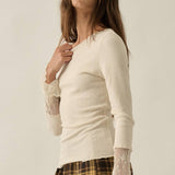 Solid Ribbed Knit Long-Sleeve Lace-Cuff Fitted Top