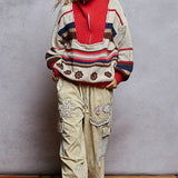 High Collar Half Zipper Ethnic Color Block Pullover Sweater