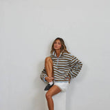 T3535 Relaxed Sherpa Striped Half Zip Pullover