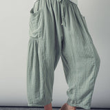 Striped Cotton Drawstring Harem Pants