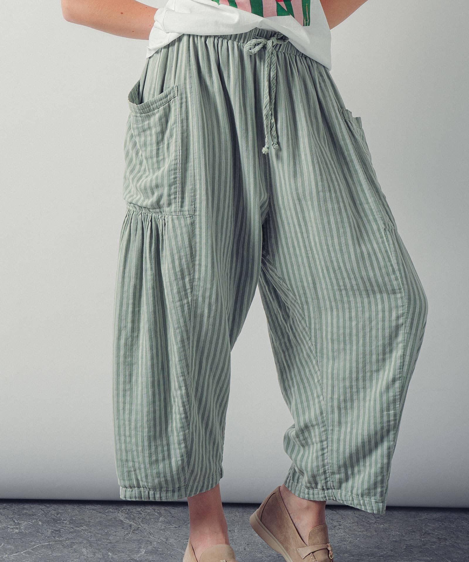 Striped Cotton Drawstring Harem Pants