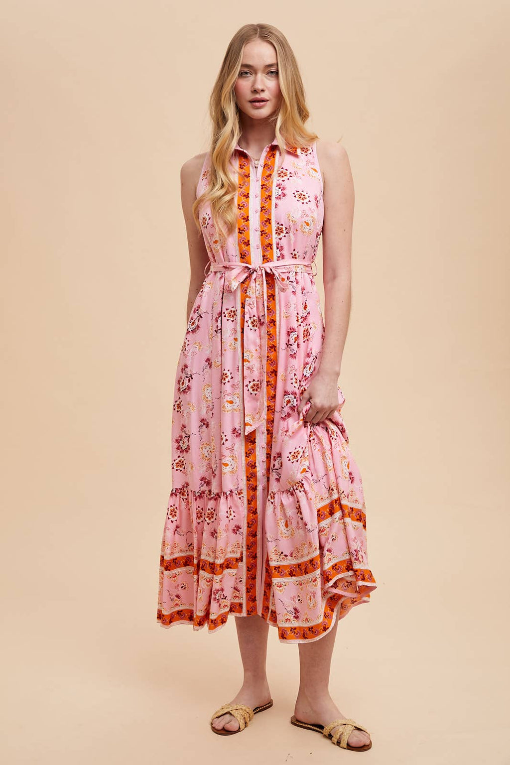 Printed Lapel Button Down Maxi Dress