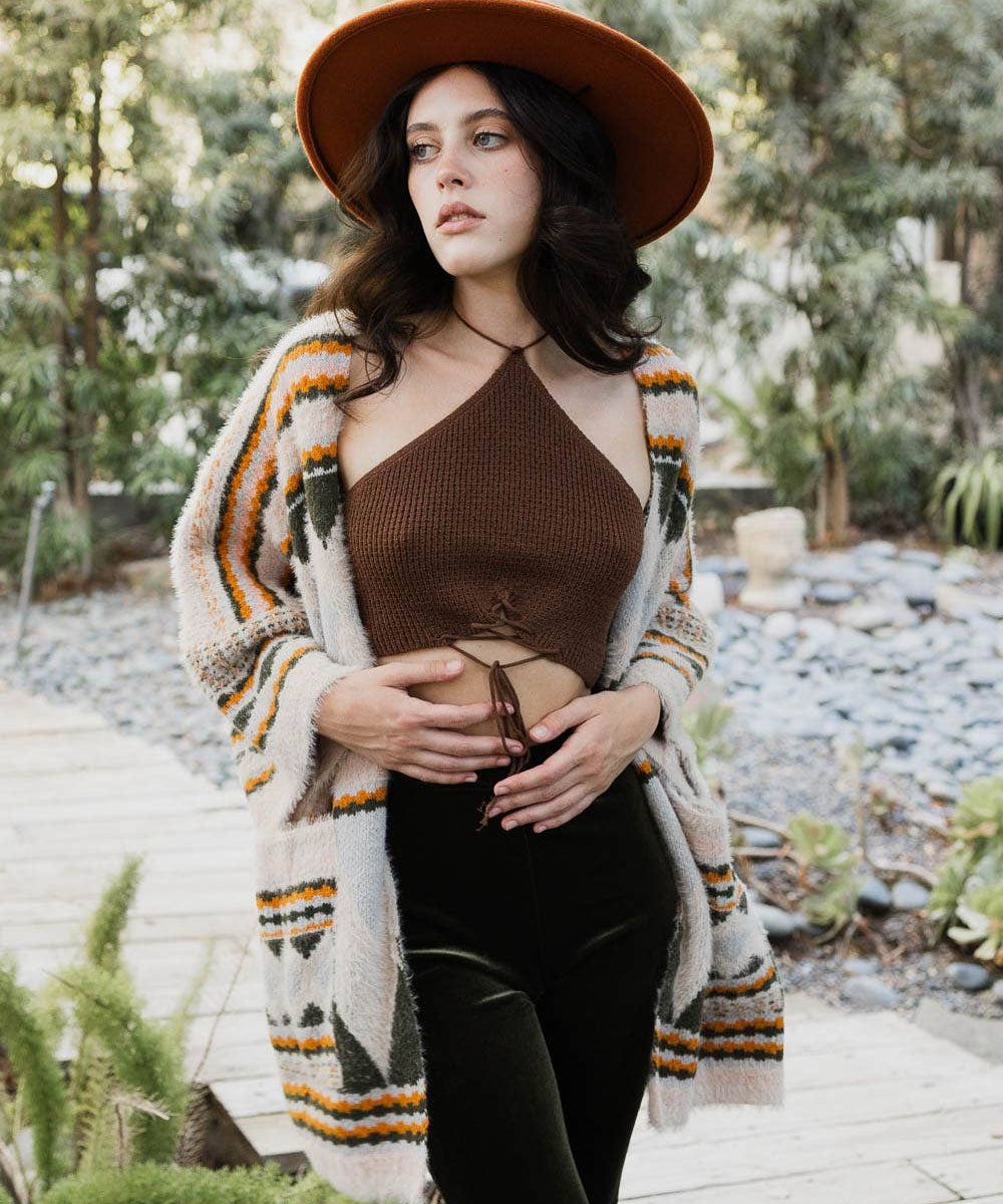 Boho Faux Fur Ruana Wrap with Cozy Pockets - Tribal Cardigan
