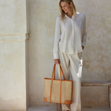 Oversized Rattan Cane Weave Tote Brown Leather