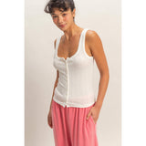 Pointelle Button Front Scoop Neck Tank Top