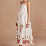 Embroidered Palm & Floral Scalloped Midi Dress