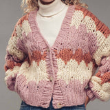 Chevron Chunky Knit Cardigan – Balloon Sleeves, Cropped Fit