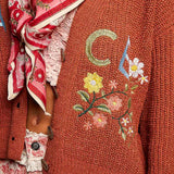 Multicolor Floral Embroidery PEACE Letter Knit Cardigan