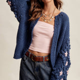 Hand Knit Floral Bobble Sleeve Cardigan LSW1097