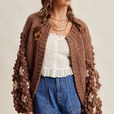 Hand Knit Floral Bobble Sleeve Cardigan LSW1097