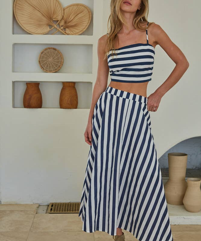 Striped Back Elastic Midi Skirt