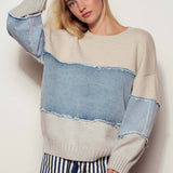 Colorblock Denim Patchwork Knit Sweater