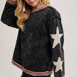 Star Sleeved Washed Knit Pullover