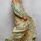 Long Sleeve Shirred Neckline Maxi Length Woven Printed Dress