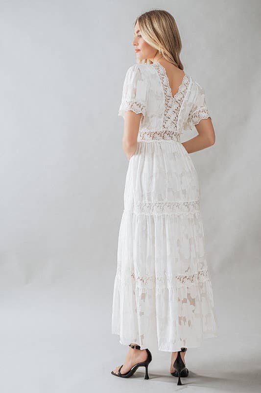 Lace Trim Tiered Deep V-Neck Maxi Dress