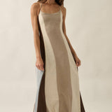Colorblock Cotton Gauze Open-Back Halter Pocket Maxi Dress
