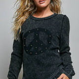 Vintage Washing Solid Peace Stud Outseam Thermal Knit Top