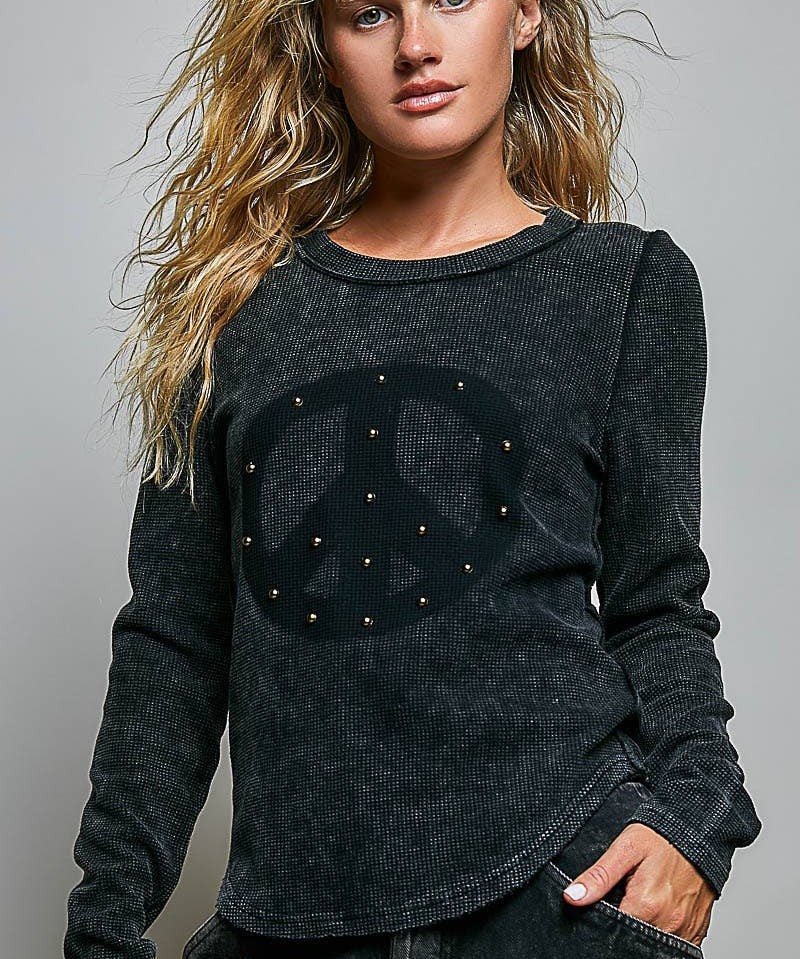 Vintage Washing Solid Peace Stud Outseam Thermal Knit Top