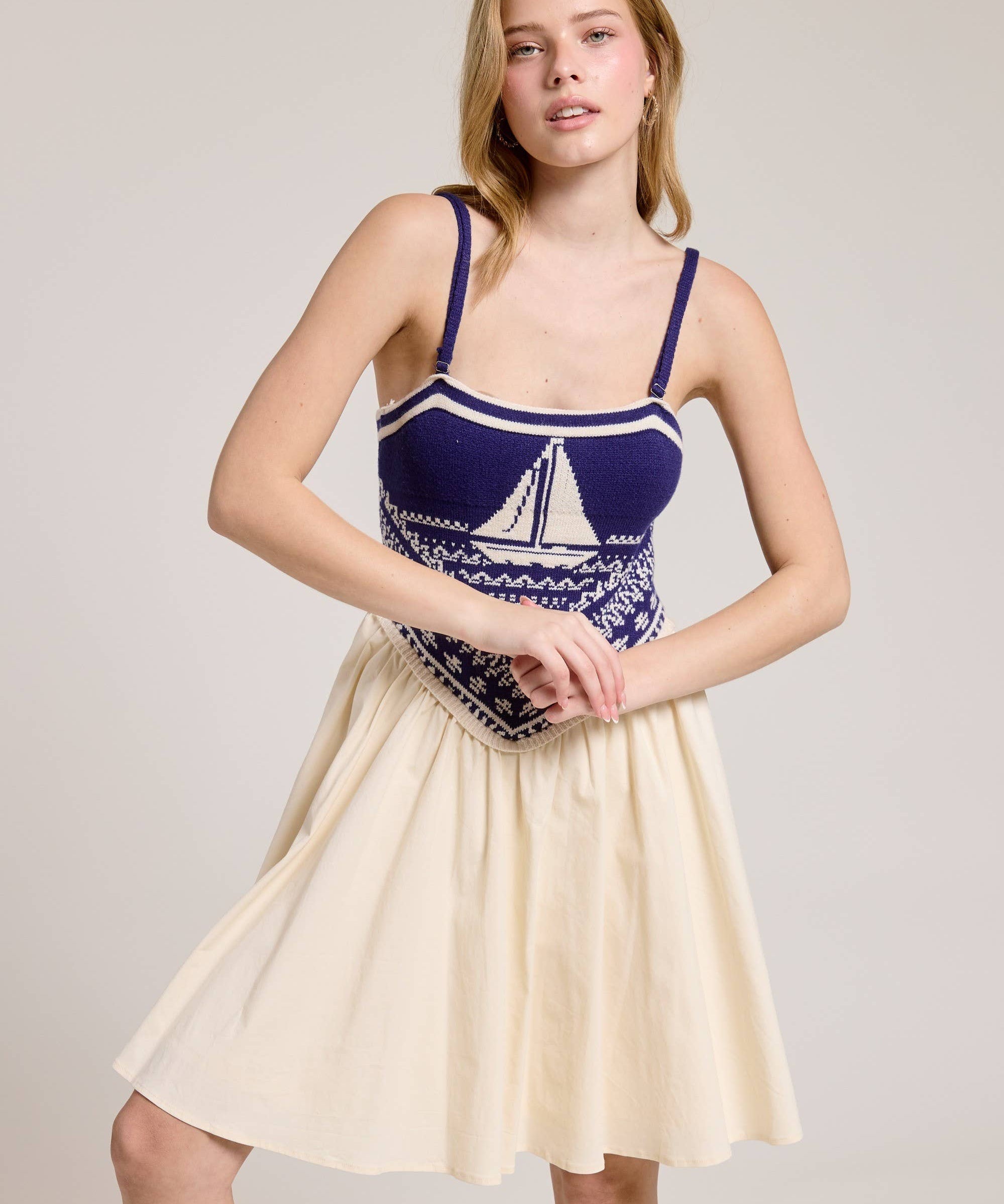 Sailboat Knit Bodice Contrast Midi Dress