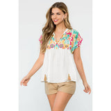 Embroidered Babydoll Tassel Tie Top