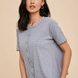 Garment Washed Button Front Lace Trim Top