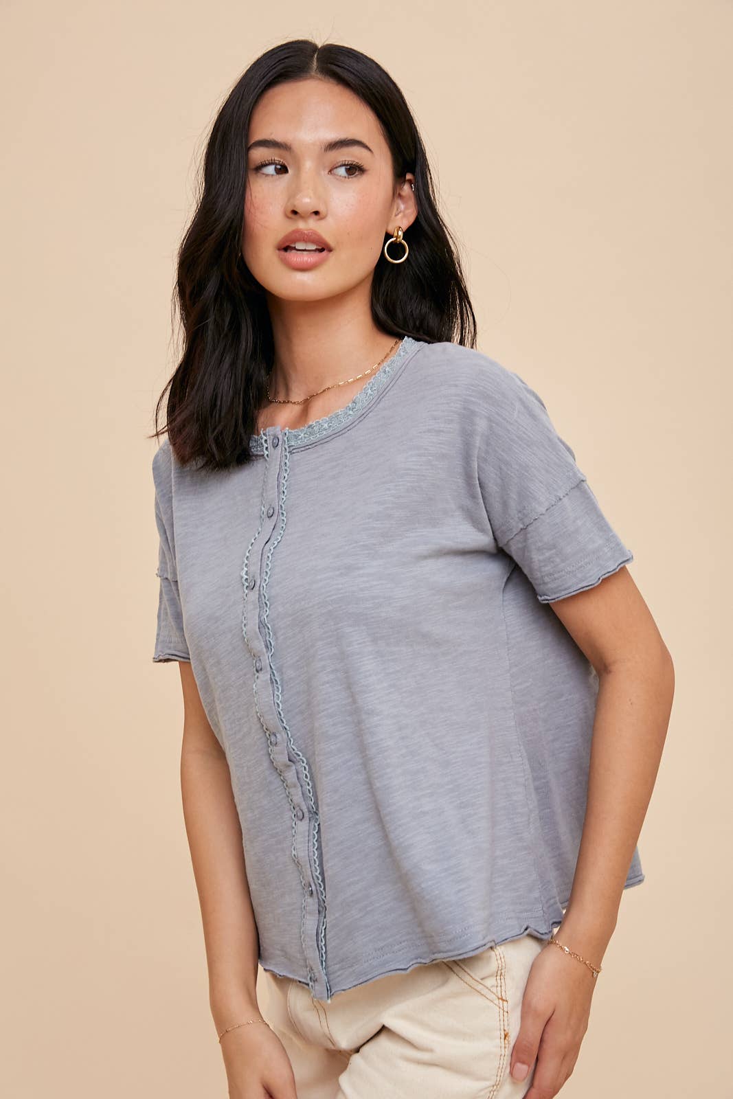 Garment Washed Button Front Lace Trim Top