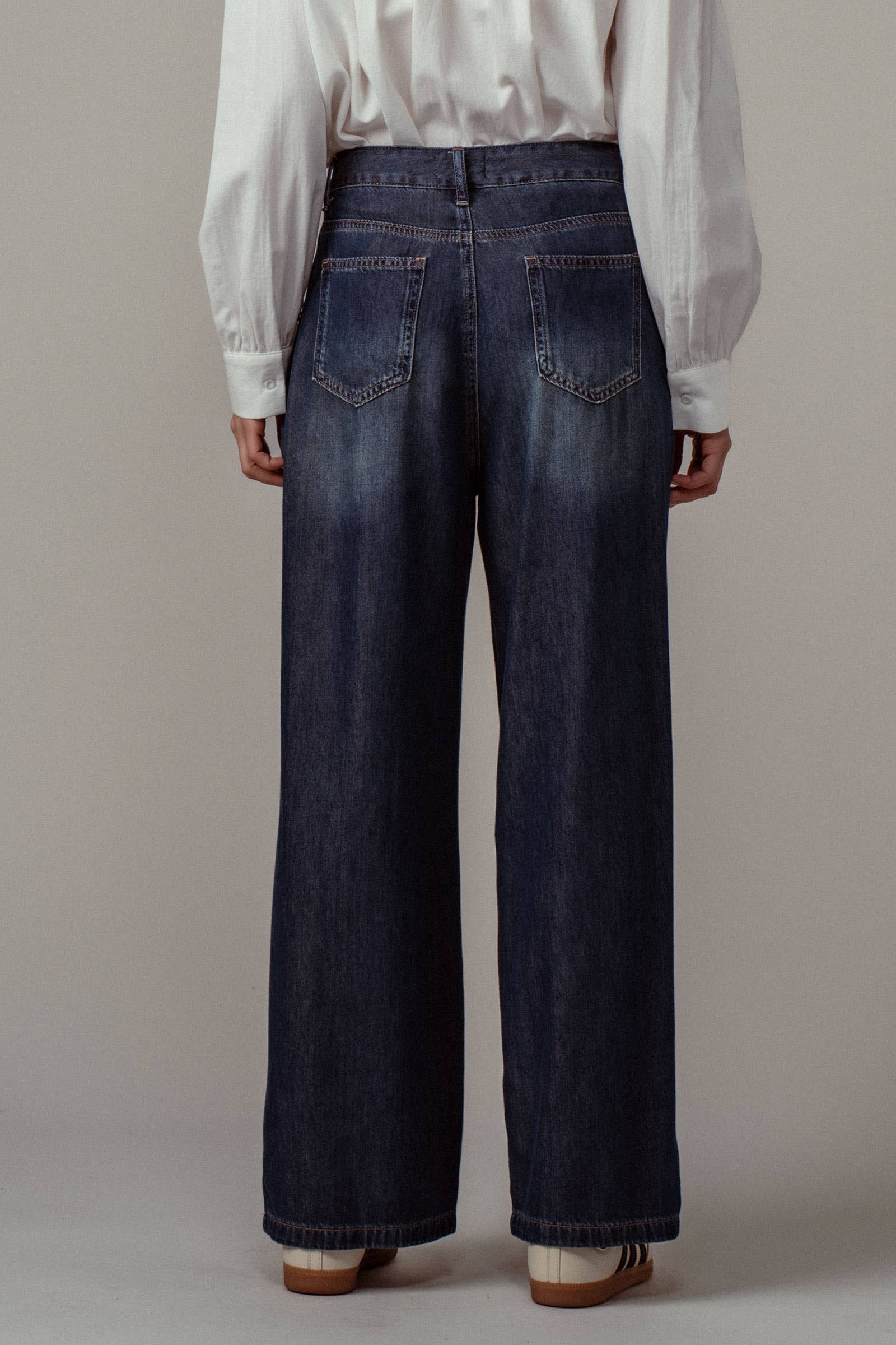 Pleated Wide-Leg Denim Pants