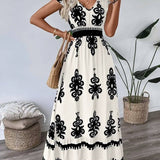 Western Boho Ethnic V-Neck Ruffle Hem Dress