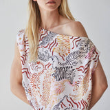L10192T | Woven Satin Polyester Animal Print Off Shoulder