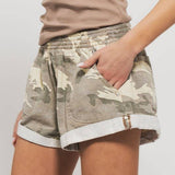Spring Elastic Waist Cuffed Print Shorts