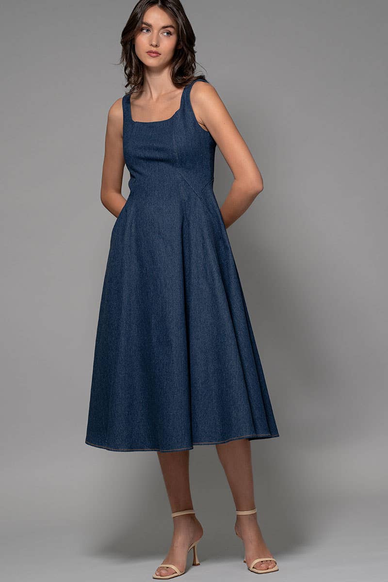 Square Neck Denim A-Line Midi Dress