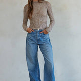 Knit Seamless Jacquard Mock Neck Long Sleeve