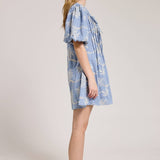Palm Print Puff Sleeve Tie Front Mini Dress
