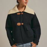 Toggle Front Knit Jacket With Contrast Collar