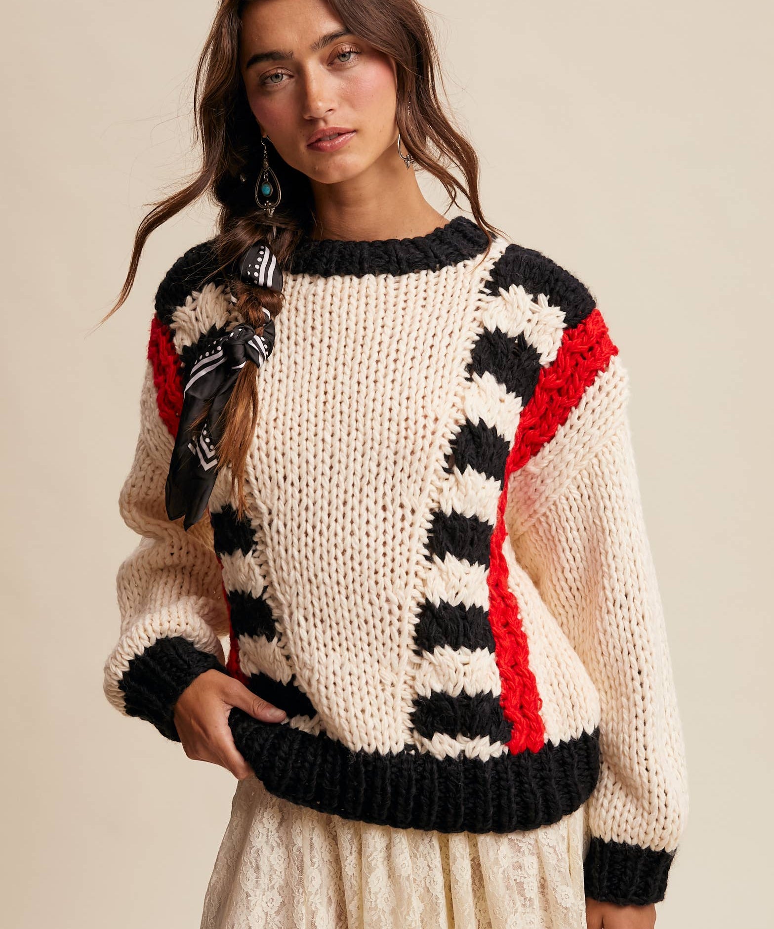 Chunky Patterned Hand-Knit Sweater
