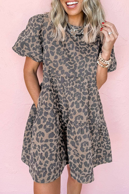 Leopard Print Denim Mini Dress with Pockets