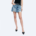 A-Line Denim Frayed Hem Mini Skirt