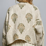 Cropped Quilted Band Collar Contrast Piping Linen Jacket