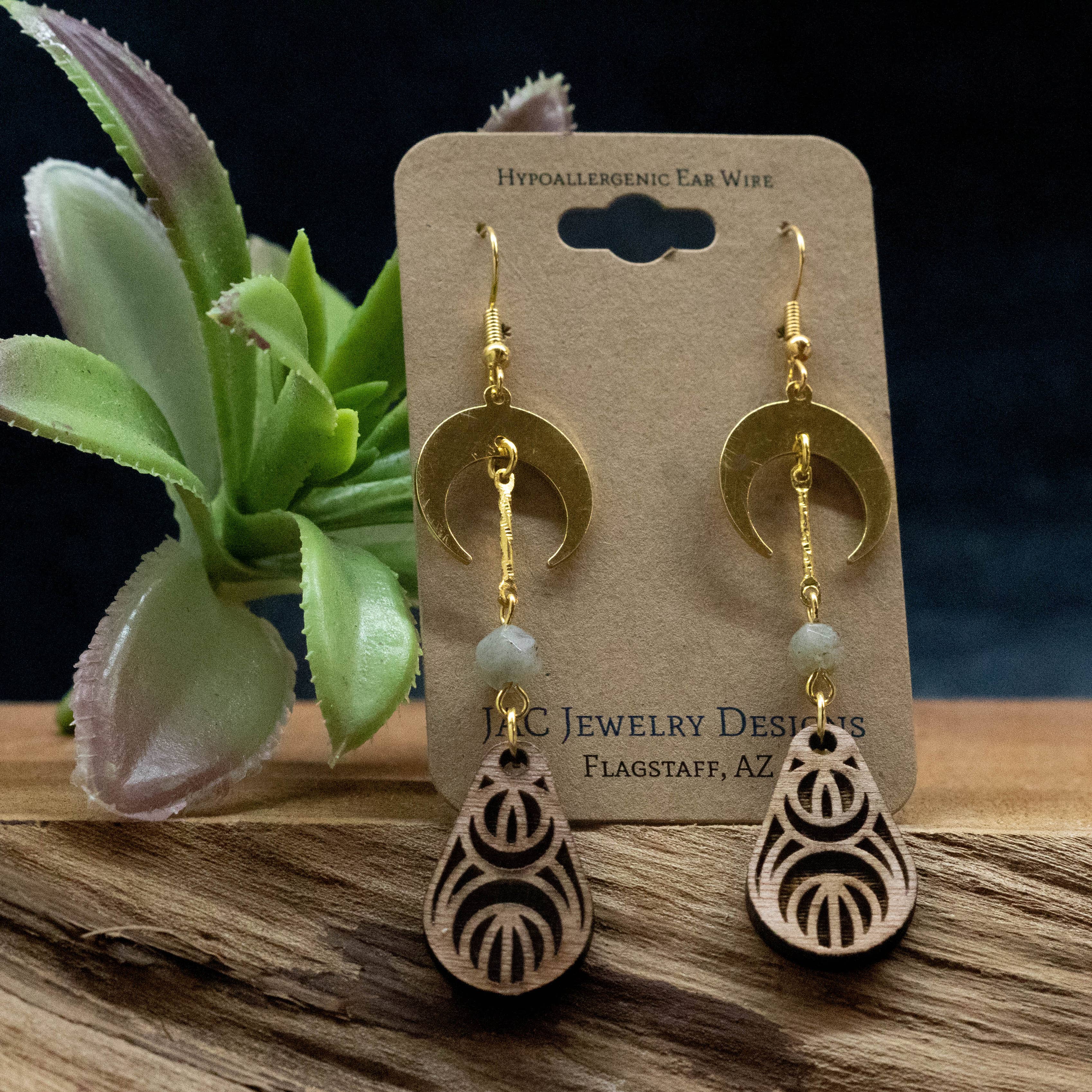 Crescent Moon Drop Wood Earrings