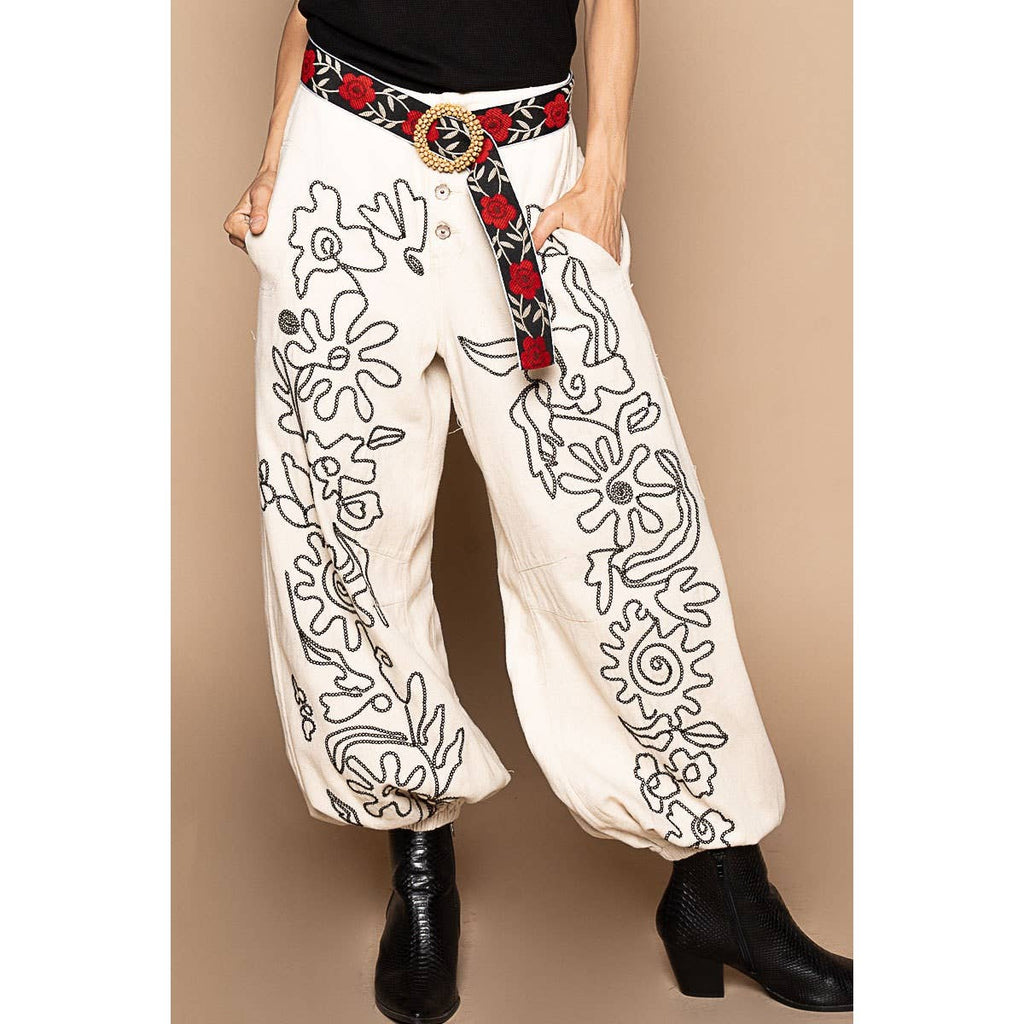 Floral Embroidered Twill Pants