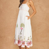 Embroidered Palm & Floral Scalloped Midi Dress