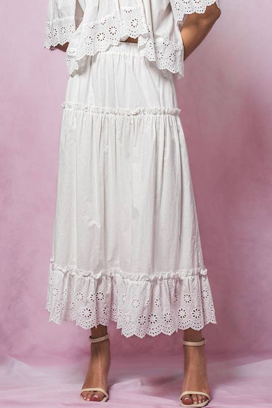 Laced Eyelet Tiered Midi Skirt