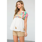 Embroidered Babydoll Tassel Tie Top